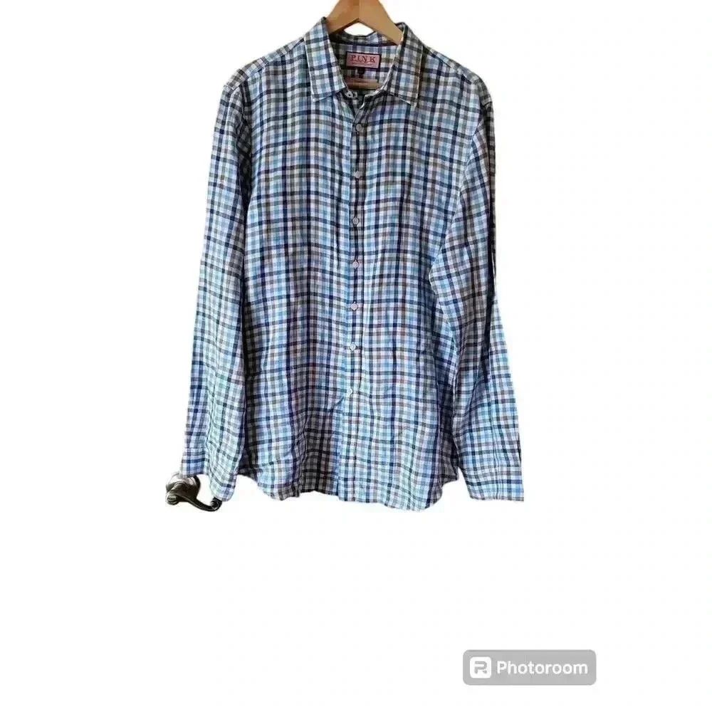 thomas pink blue plaid linen dress shirt Size Large